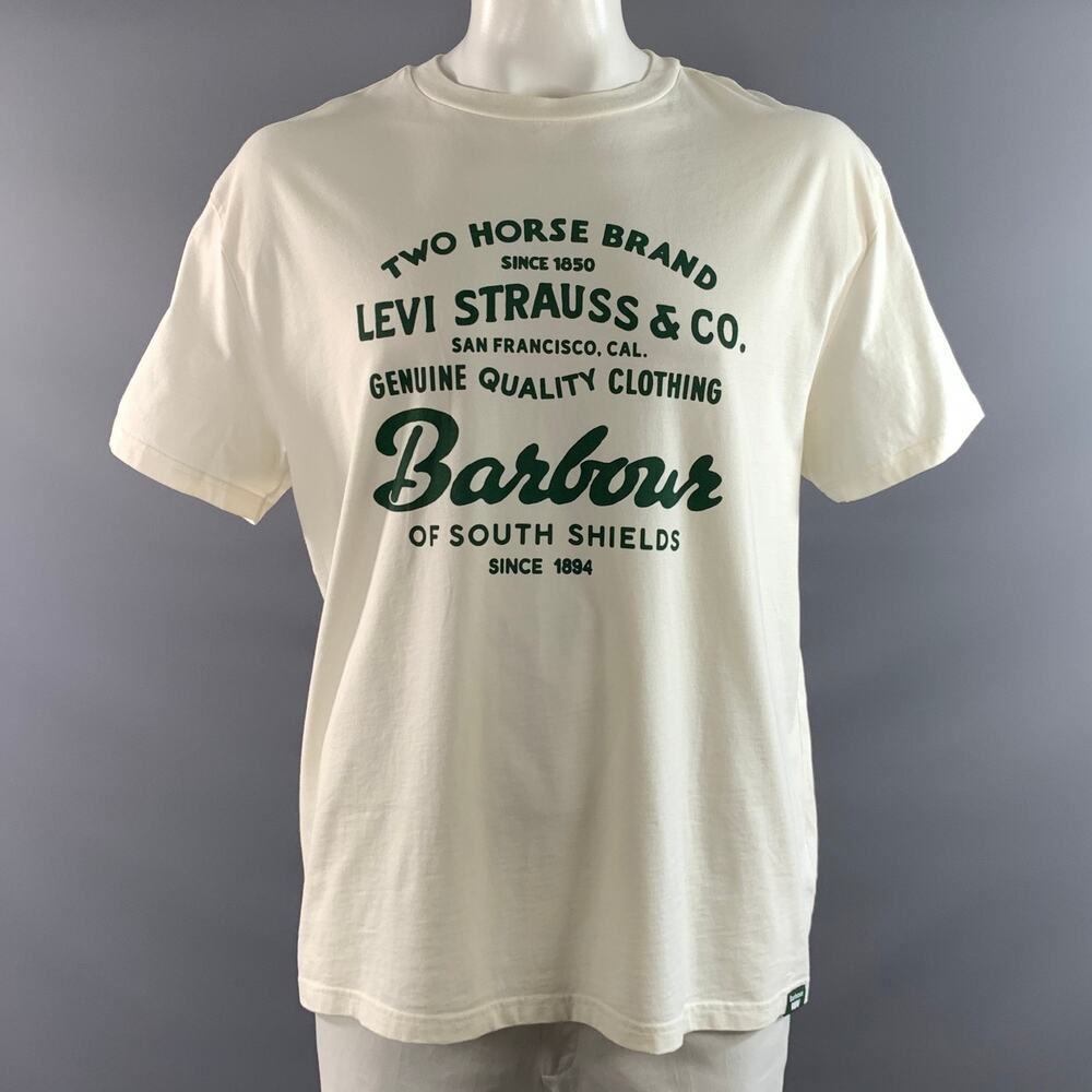 BARBOUR Size XL Cream Green Graphic Cotton Oversized T shirt